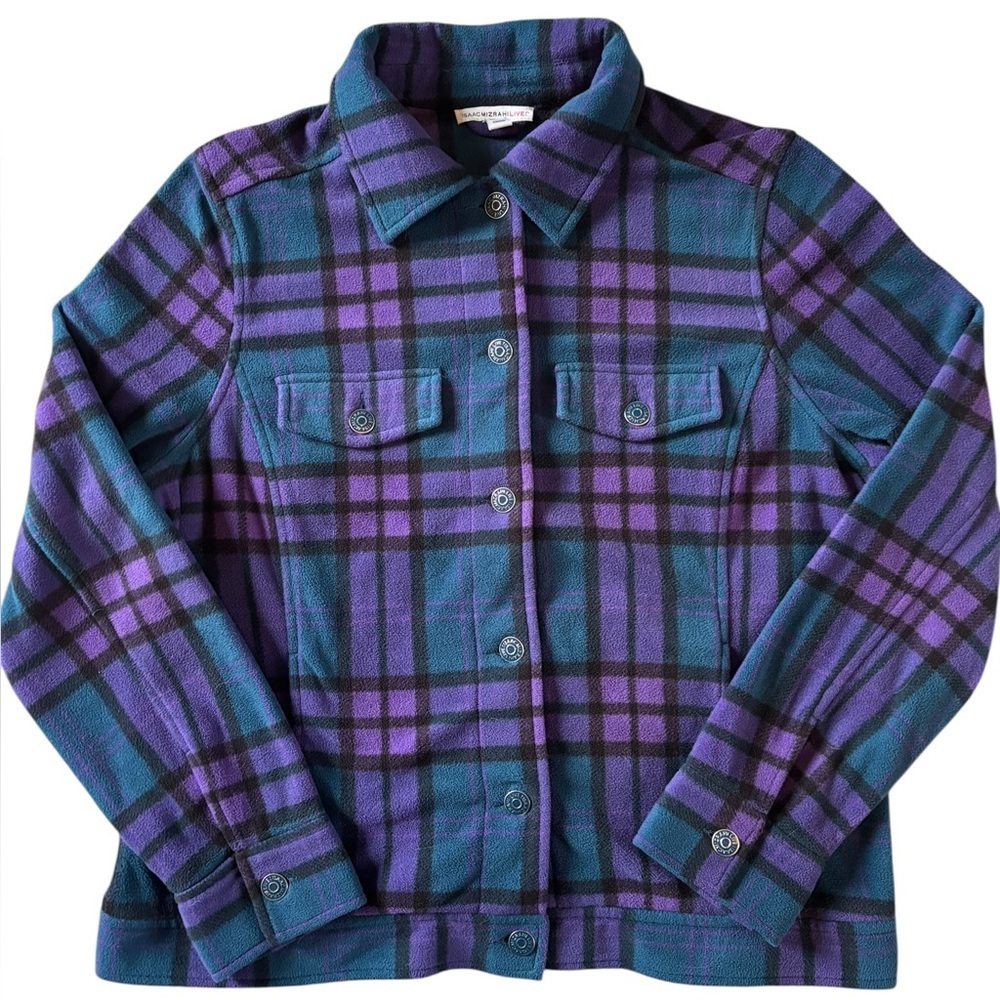 Isaac Mizrahi Live Purple Teal Plaid Fleece Jacket Shacket Button Up Large